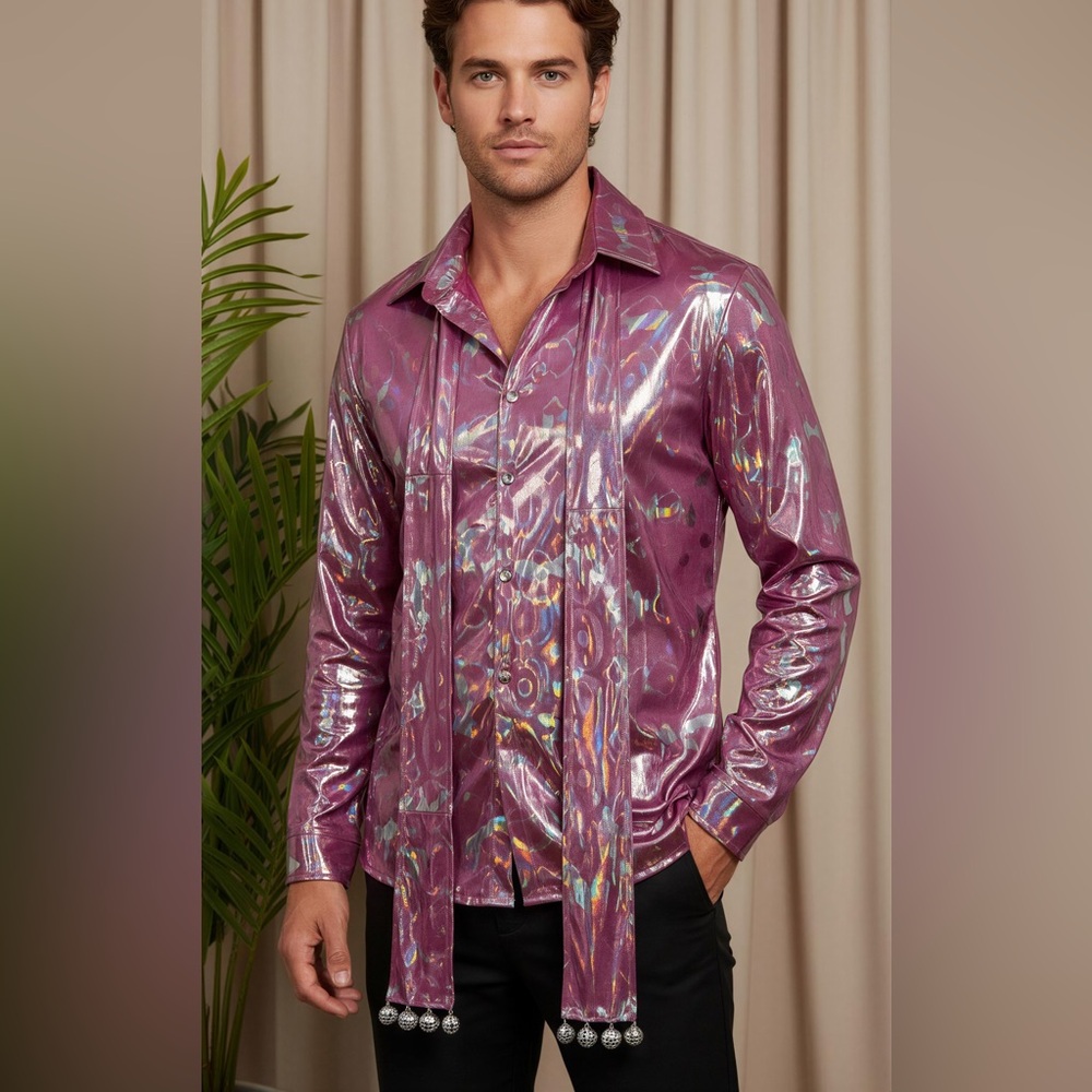 Charades Disco Hot‎ Pink Holographic Halloween Costume Men's Shirt -- XL